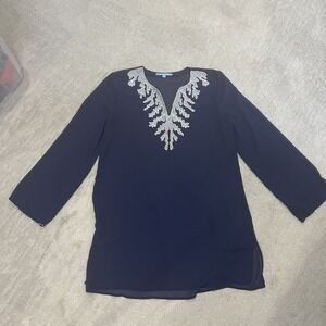 Antonio Melani‎ Beaded Sheer Cover Up Navy Blue White Medium